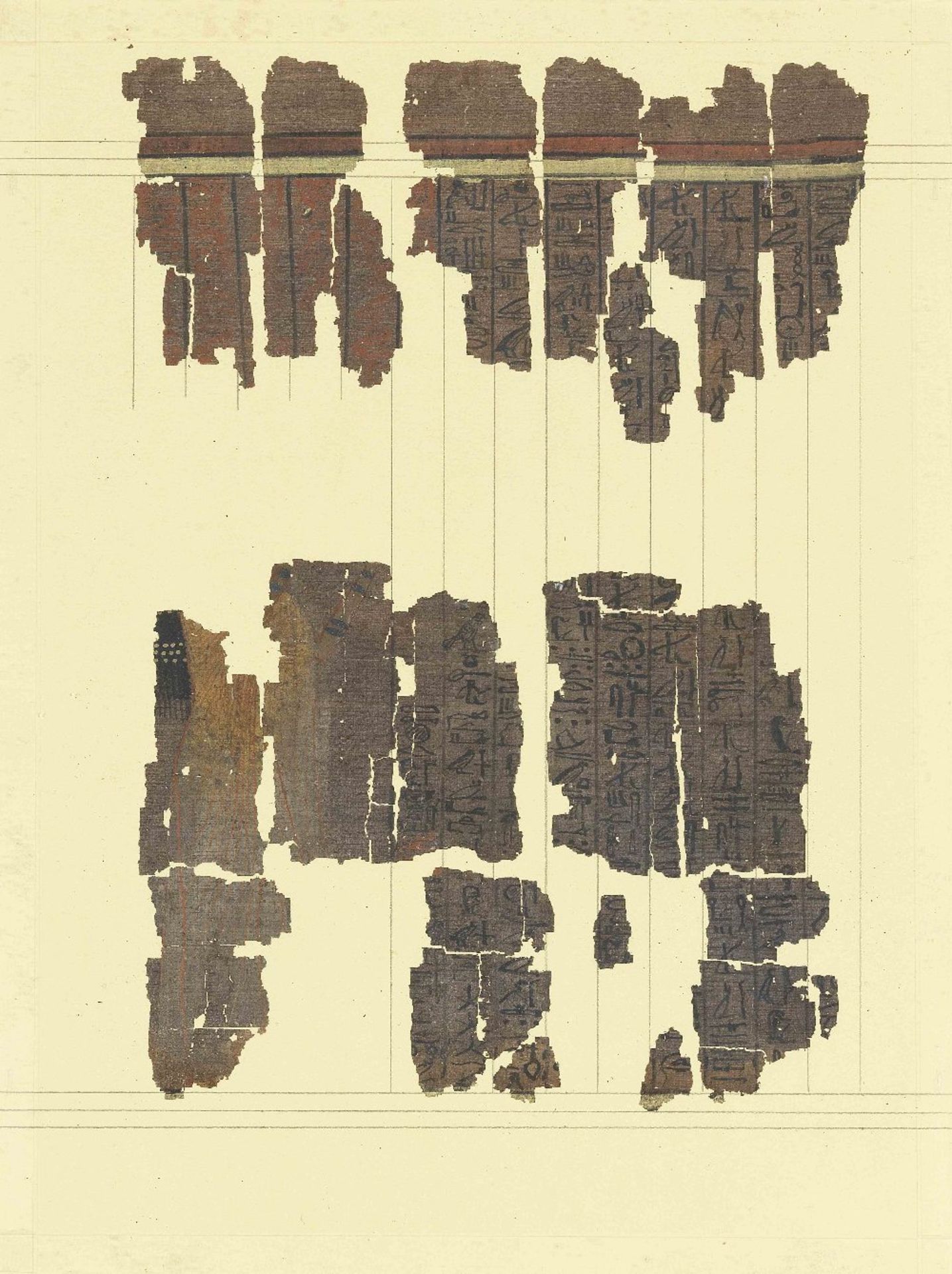Fifteen frames containing fragments of ink inscribed papyri with remains of polychrome vignettes ... - Image 9 of 40