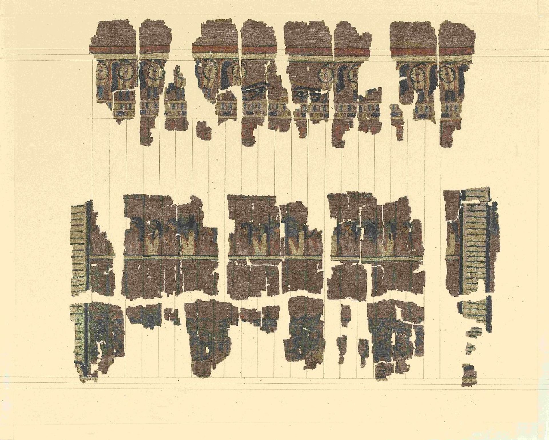 Fifteen frames containing fragments of ink inscribed papyri with remains of polychrome vignettes ... - Image 8 of 40