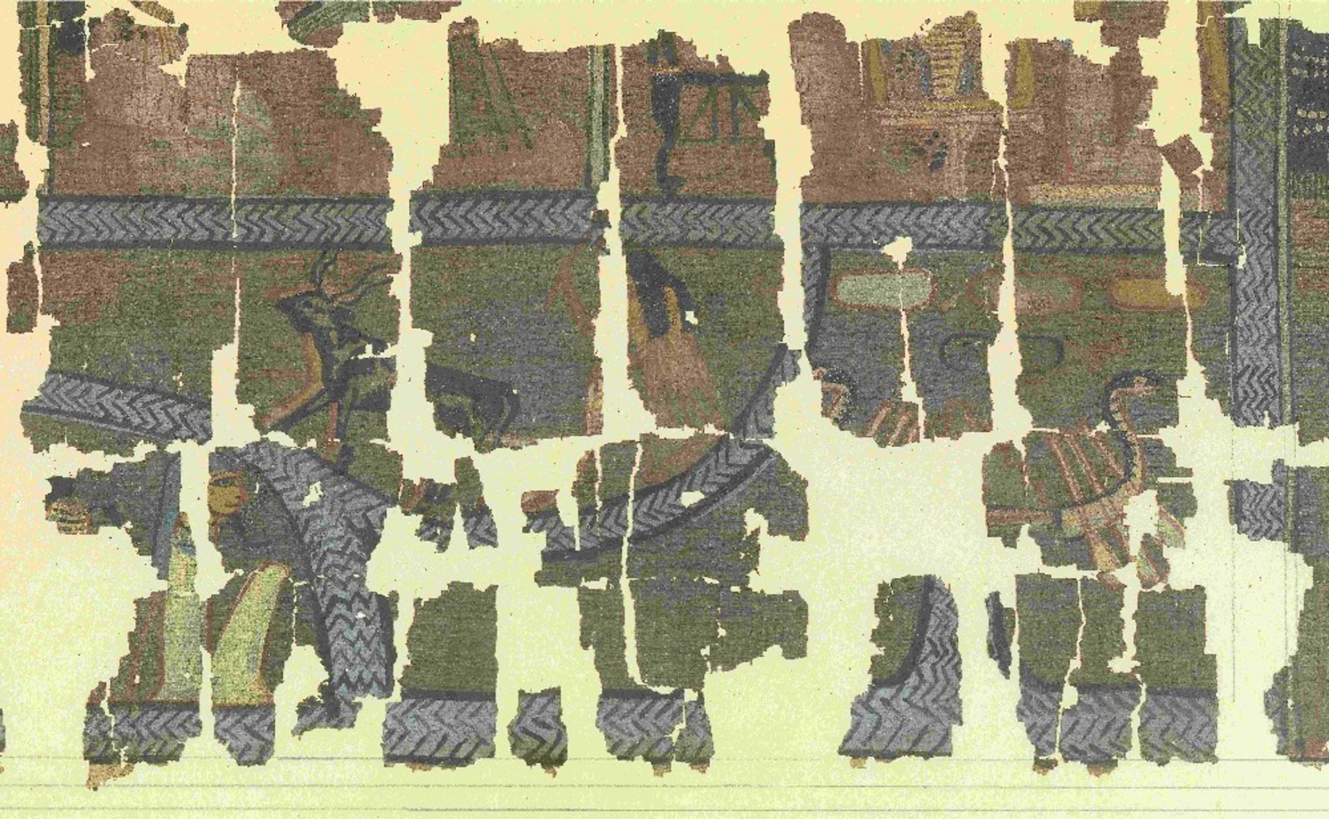 Fifteen frames containing fragments of ink inscribed papyri with remains of polychrome vignettes ... - Image 29 of 40