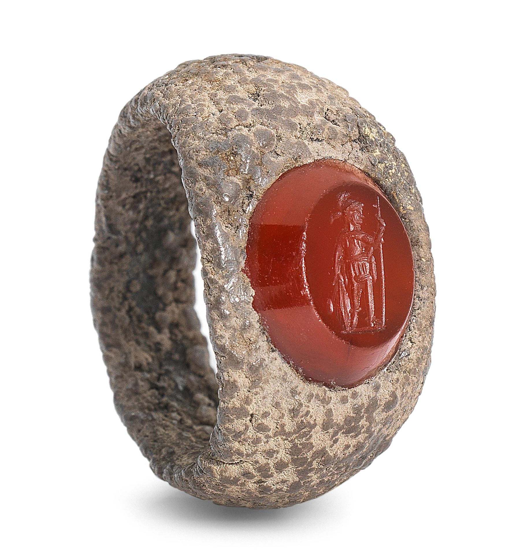 A Roman iron and carnelian intaglio ring with Mars