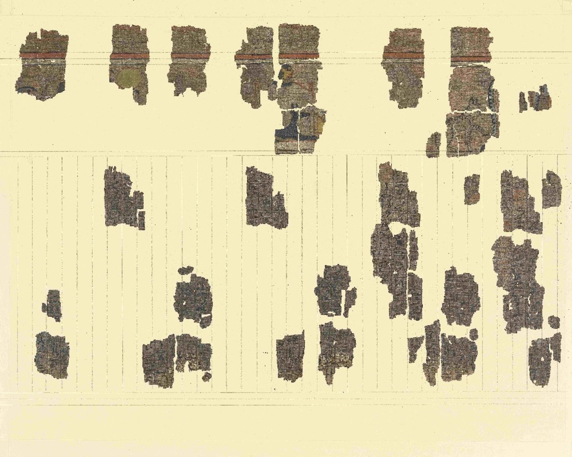 Fifteen frames containing fragments of ink inscribed papyri with remains of polychrome vignettes ... - Image 2 of 40