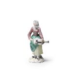 A later-decorated Meissen 'Cris de Paris' figure of a hurdy gurdy player, the porcelain circa 1755