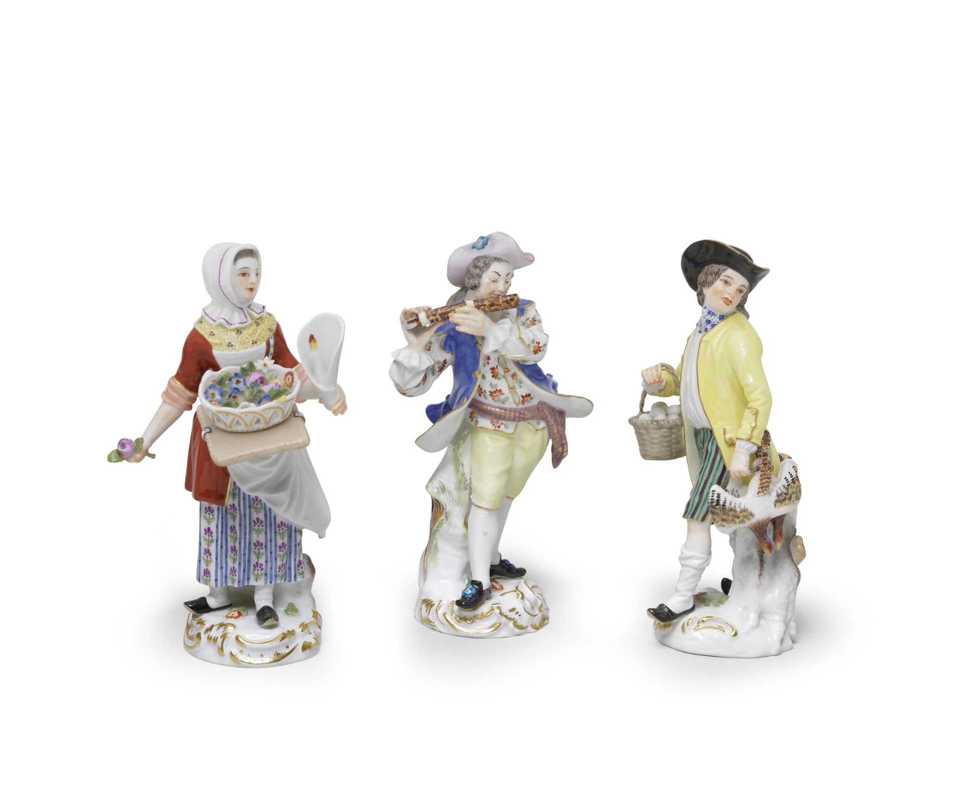 Two Meissen 'Cris de Paris' figures, together with a Meissen figure of a flautist, 1960s