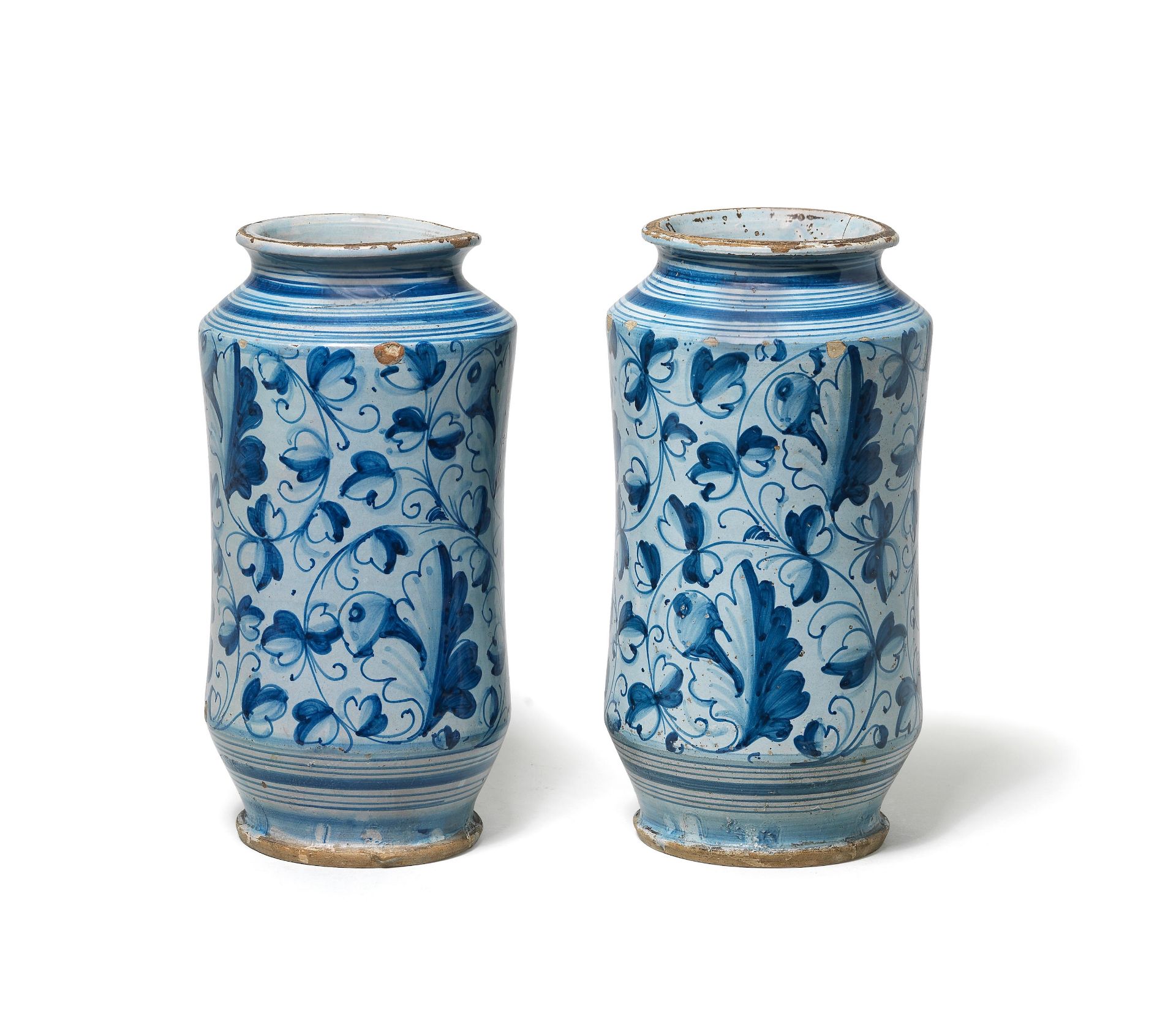 A pair of Venetian maiolica berretino-ground albarelli, late 16th century