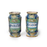 A pair of Italian maiolica albarelli, 1560s, perhaps Casteldurante or Deruta