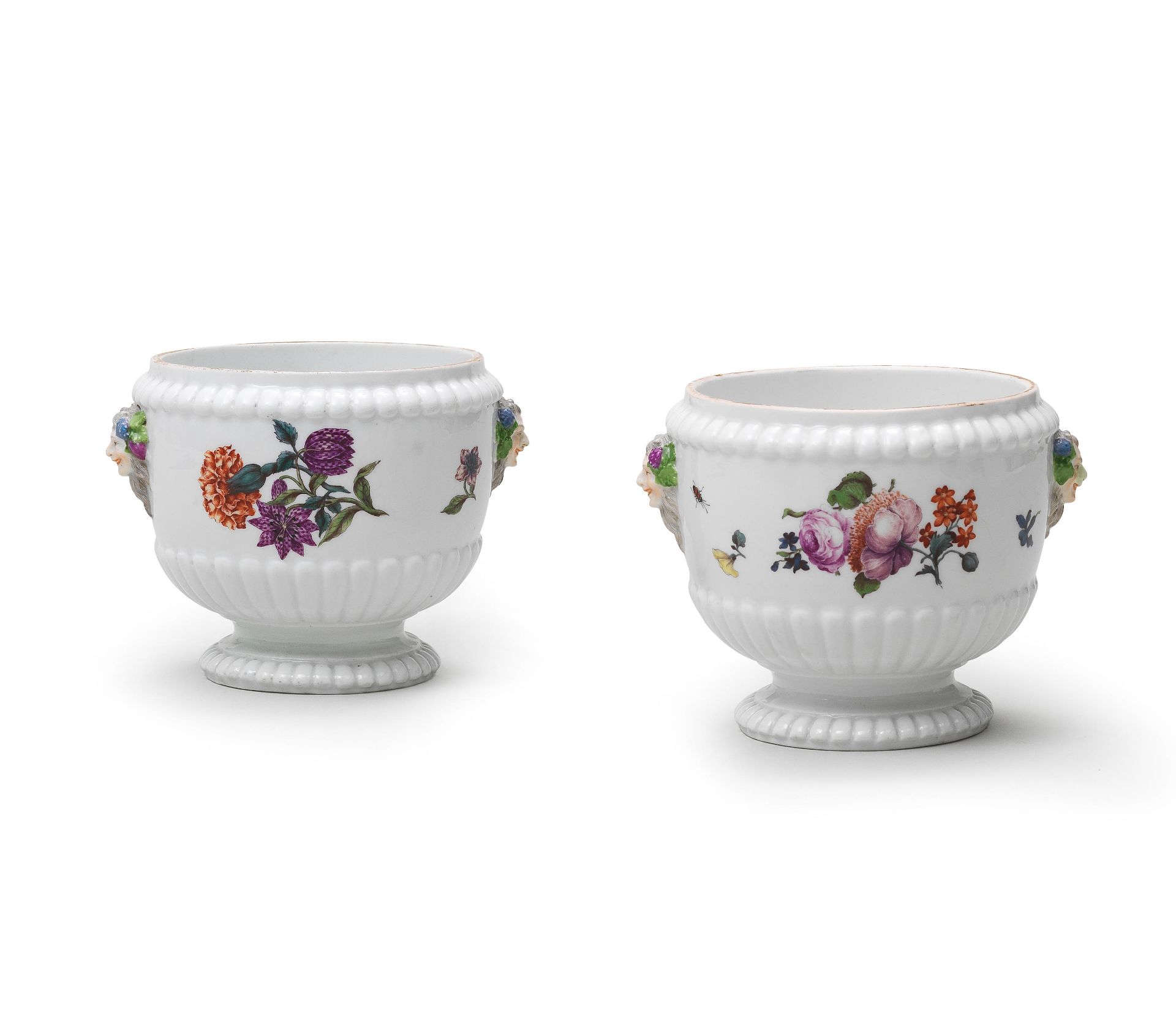 A pair of Meissen flower tubs, a small jardiniere and a saucer, circa 1740-45