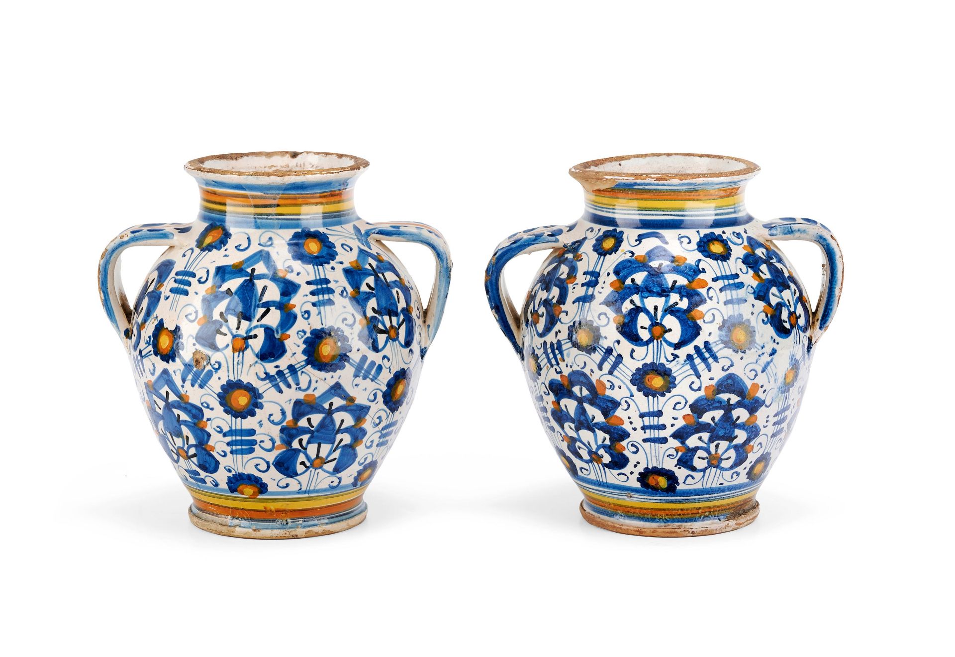 A pair of Montelupo maiolica two-handled jars, end of 16th century