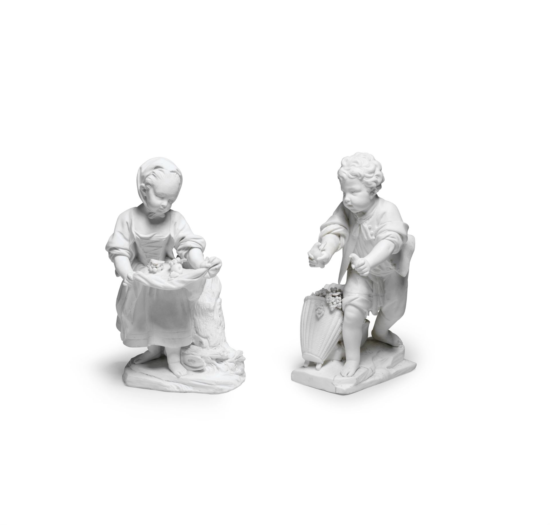 A pair of S&#232;vres biscuit figures of 'La Petite Fille au Tablier' and 'Le Porteur d'Oiseaux',...