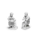 A pair of S&#232;vres biscuit figures of 'La Petite Fille au Tablier' and 'Le Porteur d'Oiseaux',...