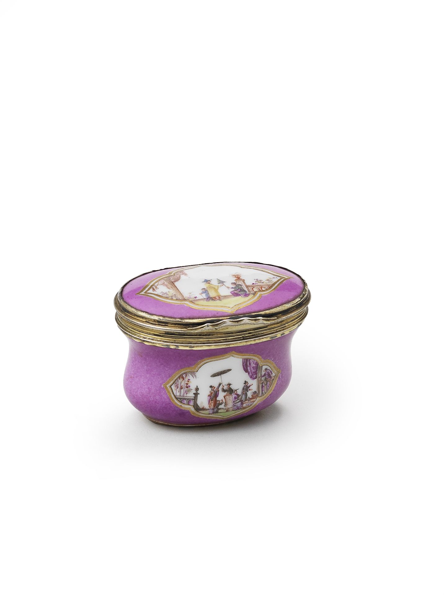 A Meissen silver-gilt mounted purple-ground snuff box, circa 1730, with a later replacement cover