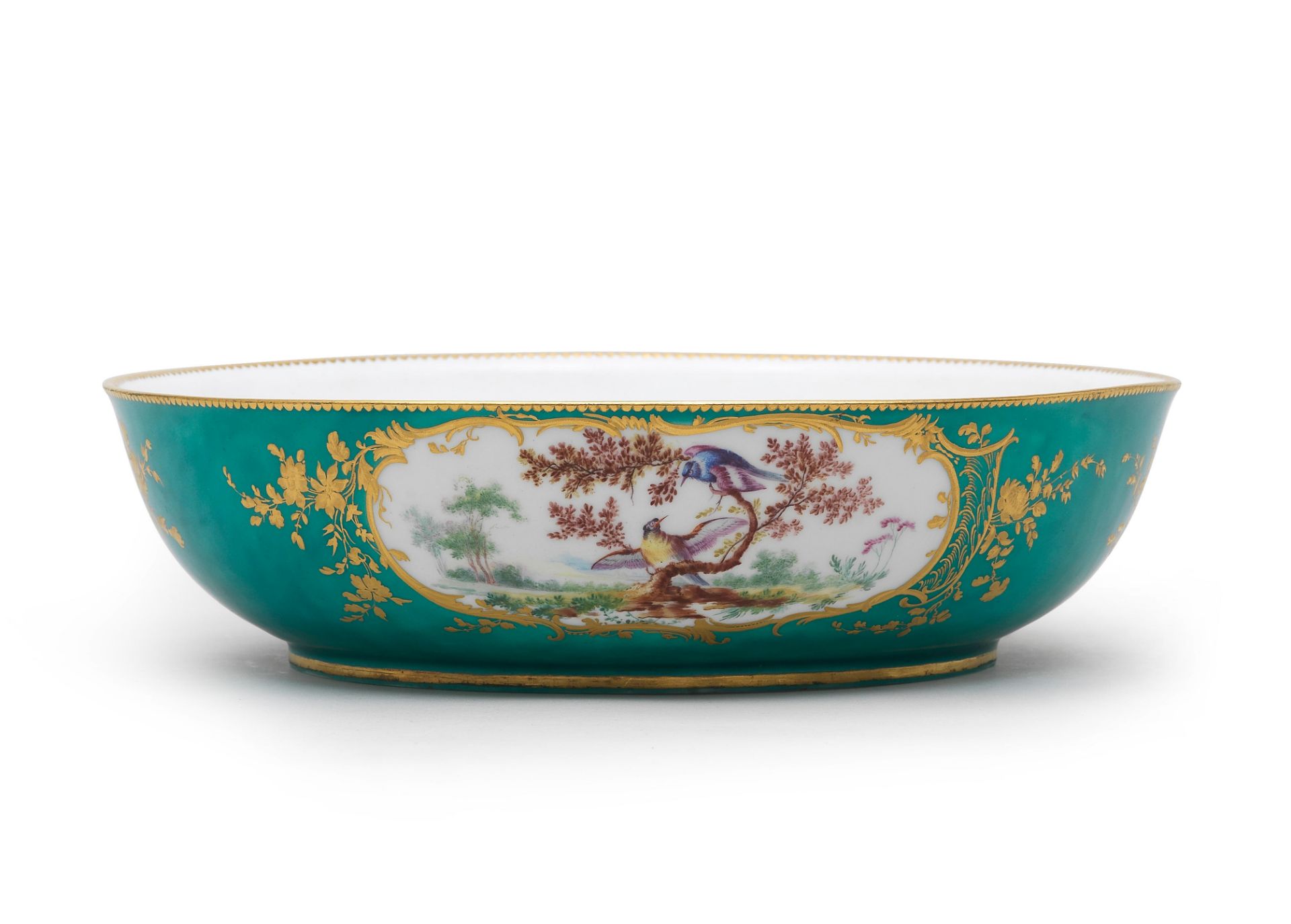A large Vincennes/S&#232;vres green-ground bowl (Jatte 'ronde') from the Frederick V of Denmark s...