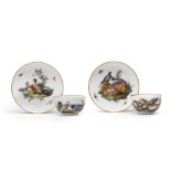 Two Meissen ornithological cups and saucers, circa 1775, together with a Meissen miniature model ...