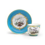 A S&#232;vres bleu-c&#233;leste ground cup and saucer (gobelet 'bouillard' et soucoupe), dated 1759