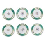 Six S&#232;vres green-ground plates (assiette &#224; palmes) from the service for Frederik V of D...