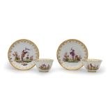Four Meissen teabowls and saucers, circa 1722-24