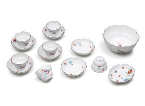 Six Meissen teabowls and saucers, a waste bowl and an associated shaped oval dish, circa 1735