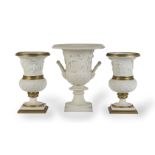 A PAIR OF GILT-METAL MOUNTED SEVRES STYLE BISCUIT PORCELAIN VASES 20th century, probably by Samson