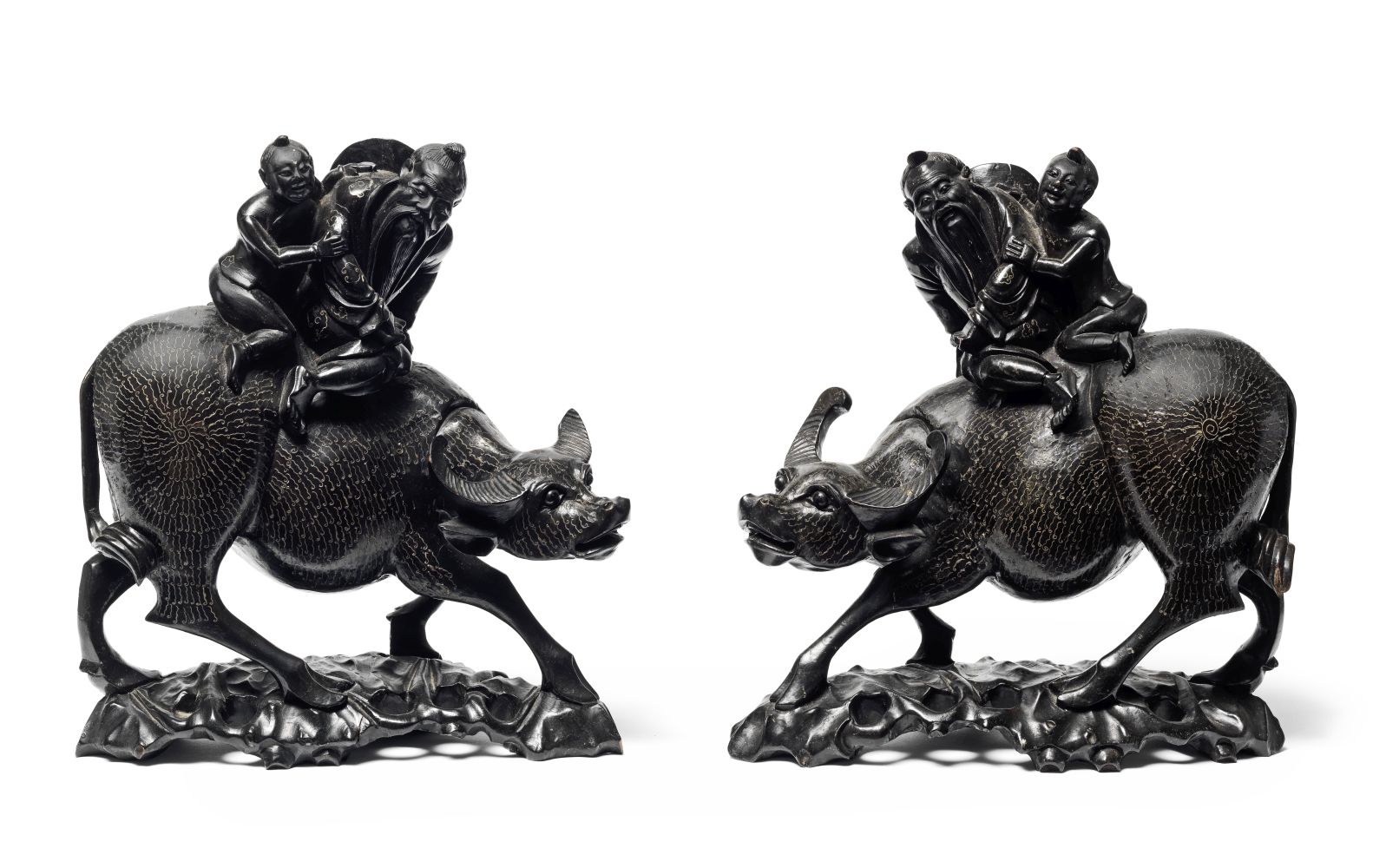 A PAIR OF CARVED WOOD WATER BUFFALO Republic Period