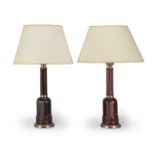 A PAIR OF BRASS MOUNTED RUBY GLASS TABLE LAMPS Late 20th century