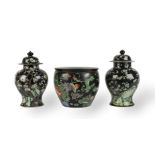 A PAIR OF CHINESE FAMILLE NOIRE BALUSTER VASES AND COVERS