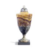 A 19TH CENTURY DERBYSHIRE FLUORSPAR BLUE JOHN GARNITURE URN