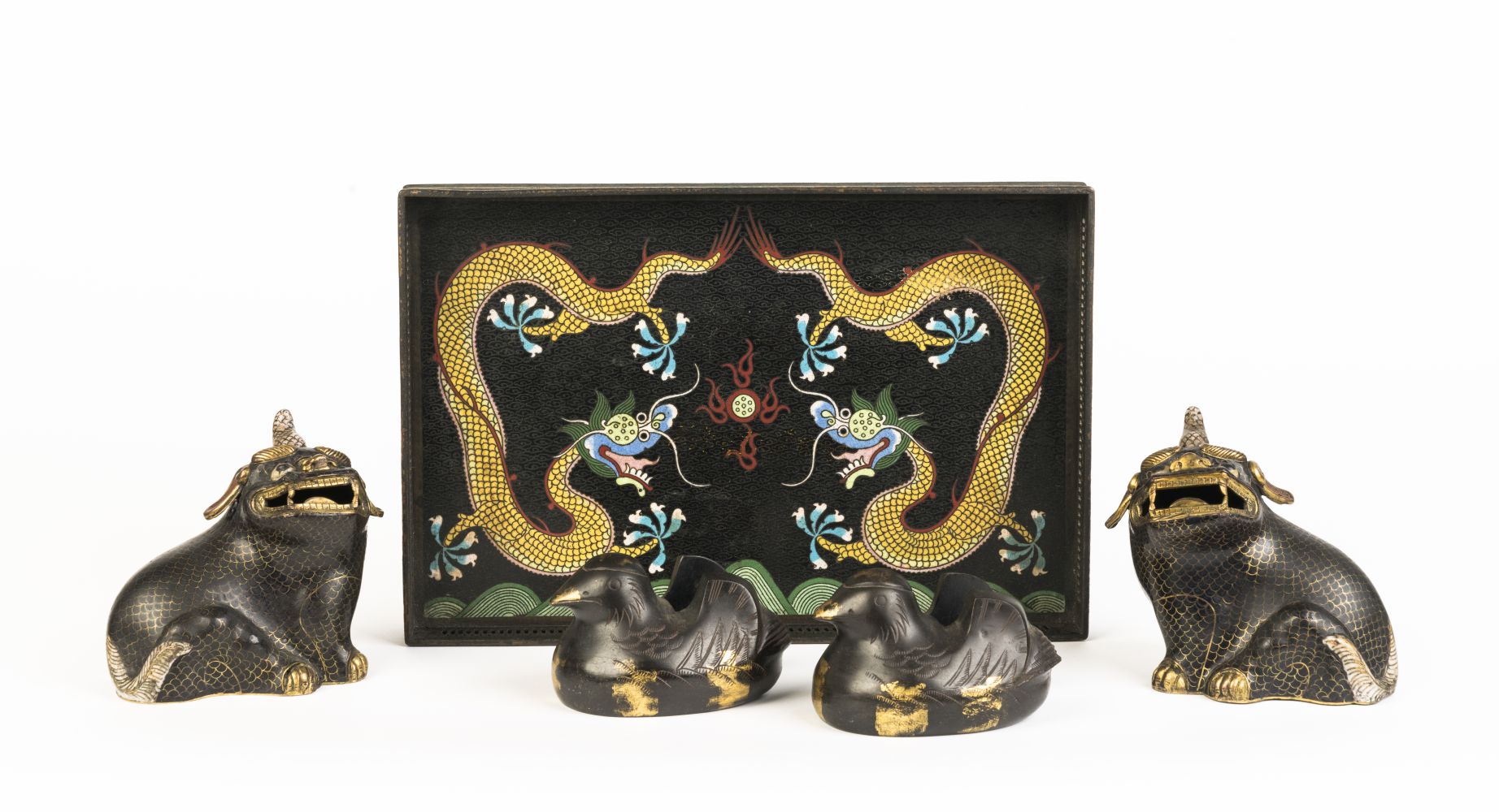 A PAIR OF CLOISONNE ENAMEL MYTHICAL DOGS20th century (5)