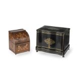 A 19TH CENTURY ANGLO-DUTCH STYLE MAHOGANY AND MARQUETRY INLAID TANTALUS (2)