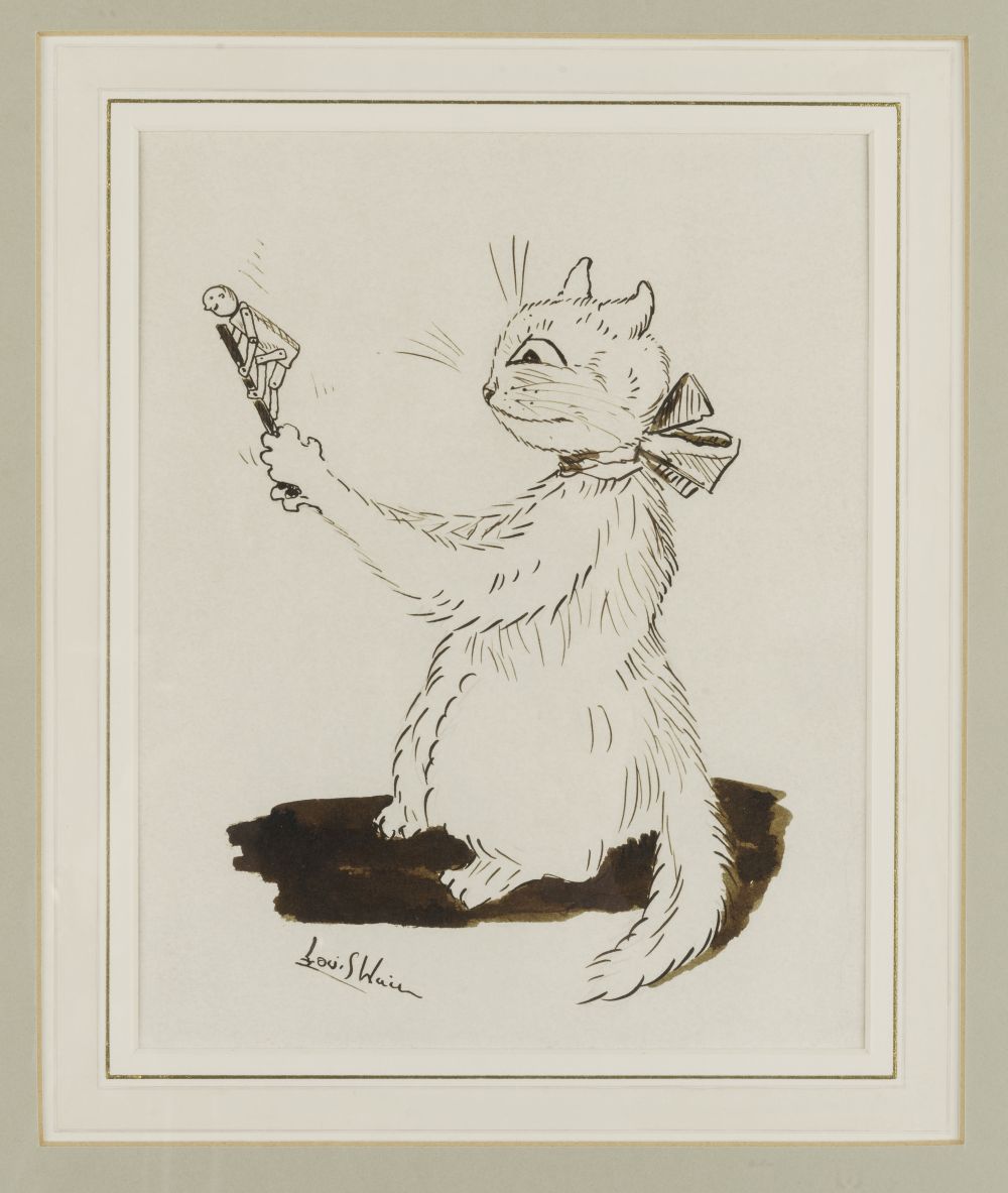 LOUIS WAIN (BRITISH, 1860-1939) A study of a cat with an Edwardian toy of an articulated acrobat ...