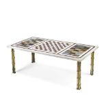 A 20TH CENTURY WHITE MARBLE AND SPECIMEN MARBLE GAMES TABLE