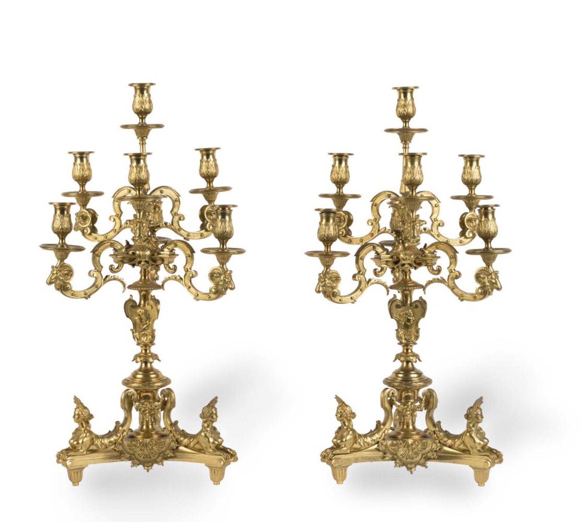 A PAIR OF LOUIS XIV STYLE ORMOLU SEVEN-LIGHT CANDELABRAAfter model by Andr&#233;-Charles Boulle, ...