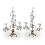 A PAIR OF GEORGE III GILT-METAL MOUNTED CLEAR AND BLUE GLASS TWIN-LIGHT CANDELABRA 18th century a...