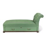 A VICTORIN MAHOGANY AND GREEN LINEN UPHOLSTERED DAYBED