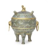 A CLOISONNE ENAMEL TRIPOD RITUAL VESSEL AND COVER, DUI Late Qing Dynasty / Republic Period