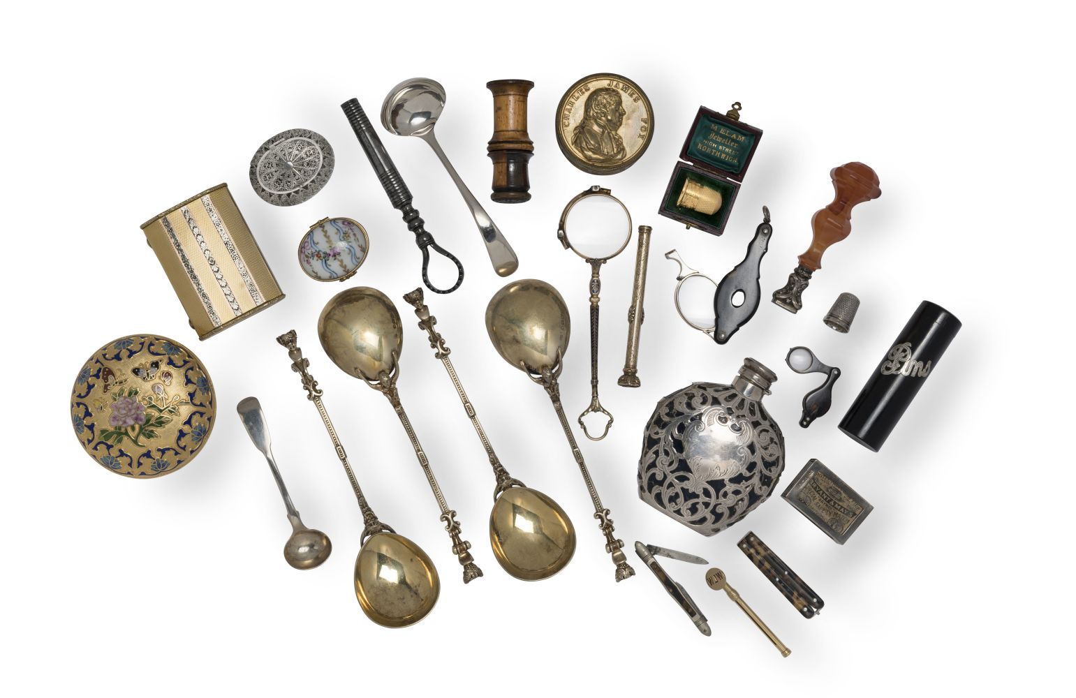 A COLLECTION OF BIJOUTERIE INCLUDING A SET OF FOUR SILVER GILT APOSTLE SPOONS Marks for Henry Hol...