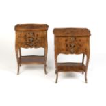 A PAIR OF FRENCH KINGWOOD AND FLORAL MARQUETRY BEDSIDE TABLES20th century, in the manner of Berna...