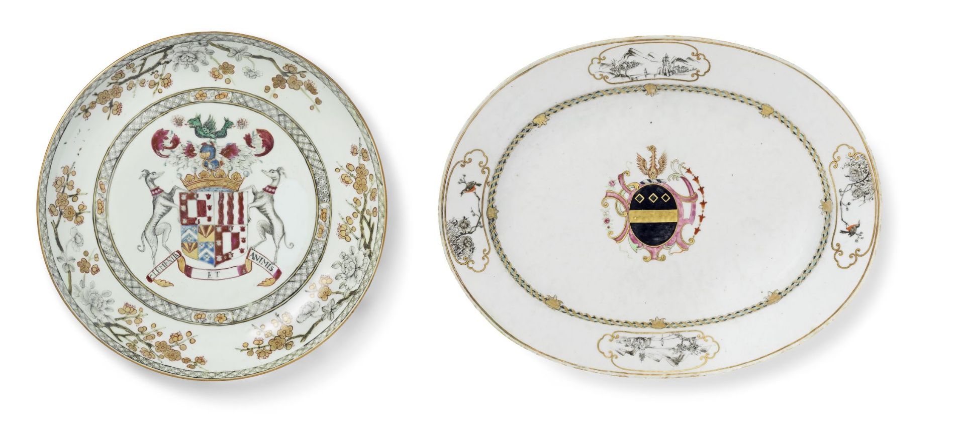 A CHINESE EXPORT ARMORIAL PORCELAIN PLATE AND AN OVAL DISH Circa 1744 and 1750 (2)