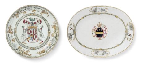 A CHINESE EXPORT ARMORIAL PORCELAIN PLATE AND AN OVAL DISH Circa 1744 and 1750 (2)