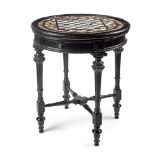 A VICTORIAN CIRCULAR EBONISED SPECIMEN MARBLE GAMES TABLE