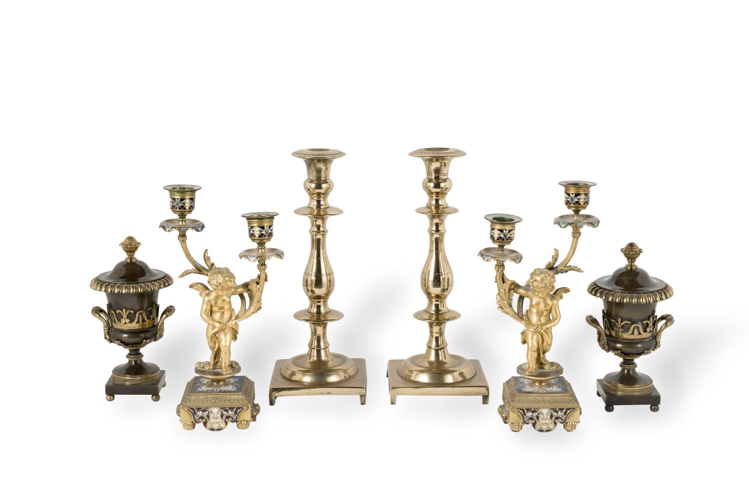 A PAIR OF FRENCH GILT AND CHAMPLEVE ENAMEL CANDELABRA19th century (6)