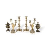 A PAIR OF FRENCH GILT AND CHAMPLEVE ENAMEL CANDELABRA19th century (6)