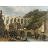 BRITISH SCHOOL, CIRCA 1830 A riverside scene with figures on a wharf, steam paddleboat and aquedu...