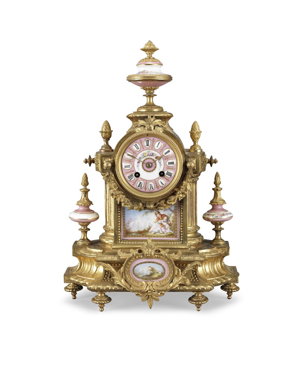 A LOUIS XVI STYLE PINK PORCELAIN-MOUNTED GILT-METAL MANTEL CLOCK By Phillipe H. Mourey, circa 1870