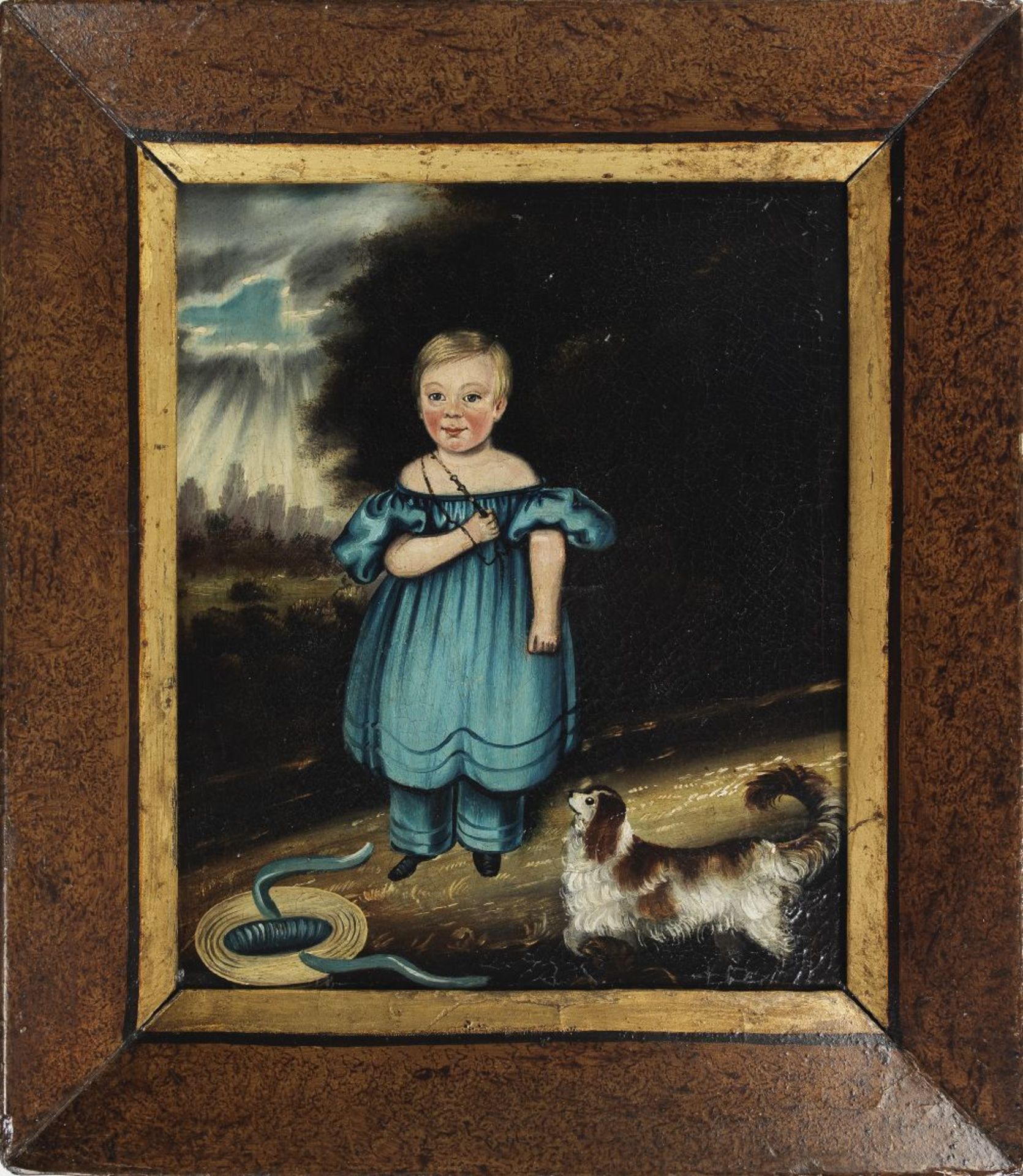 ENGLISH, 19TH CENTURY SCHOOL A na&#239;ve portrait of a young child with her King Charles Spaniel...
