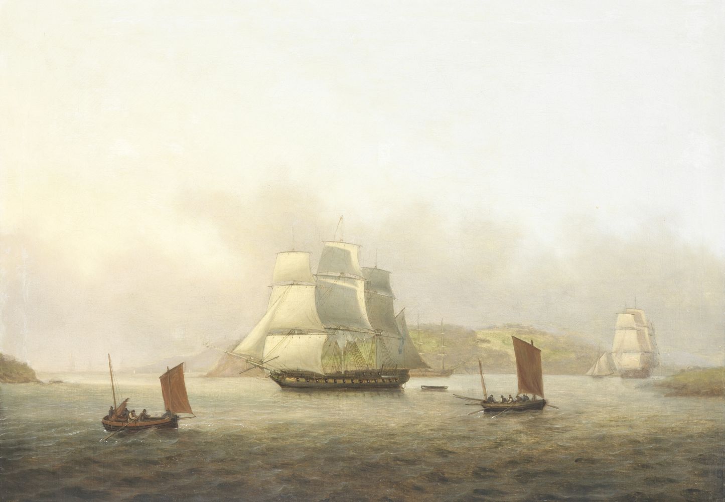 Thomas Luny (British, 1759-1837) Two Royal Navy frigates with smaller craft off Drake's Island in...