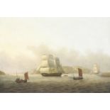 Thomas Luny (British, 1759-1837) Two Royal Navy frigates with smaller craft off Drake's Island in...
