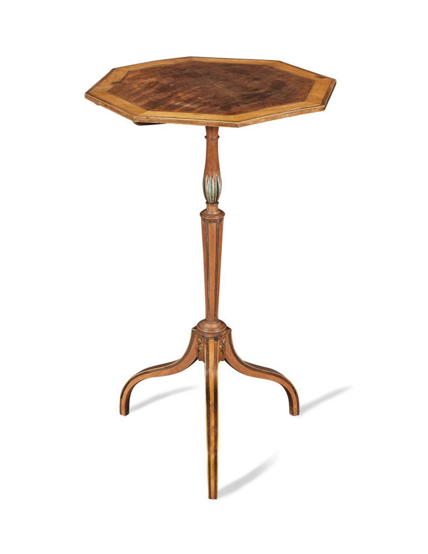 A GEORGE III SATINWOOD AND PURPLEHEART INLAID OCTAGONAL TRIPOD TABLE