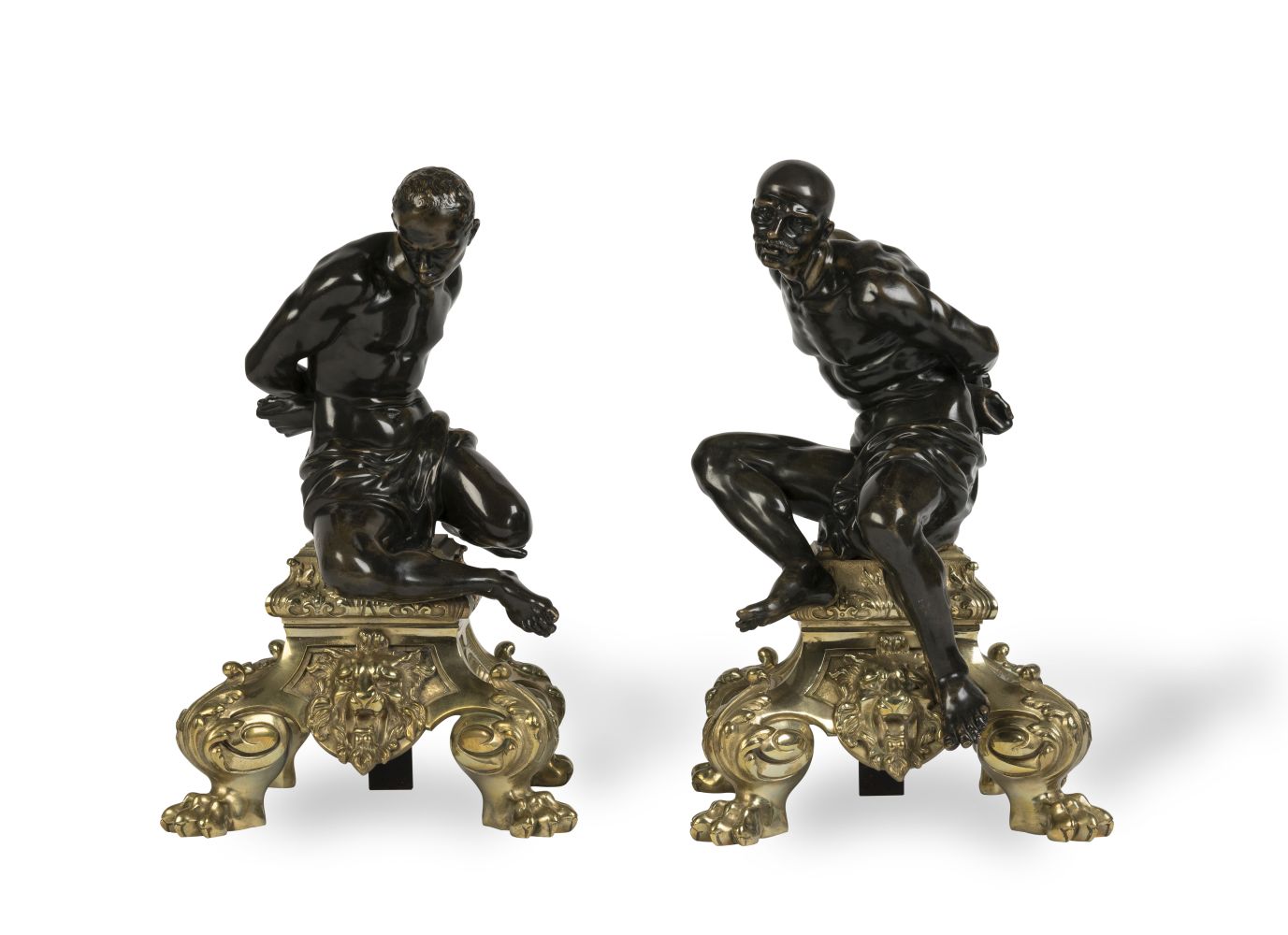 A PAIR OF PATINATED AND GILT-BRONZE FIGURAL CHENETSAfter the model by Pietro Tacca, 20th century (2)