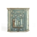 A 'FOLK ART' PAINTED PINE HANGING CORNER CUPBOARD19th century