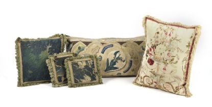 A COLLECTION OF THREE VEDURE TAPESTRY FRAGMENT CUSHIONS (5)