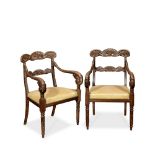 A PAIR OF ITALIAN LATE REGENCY CARVED MAHOGANY ARMCHAIRSIn the manner of Henry Thomas Peters, Gen...